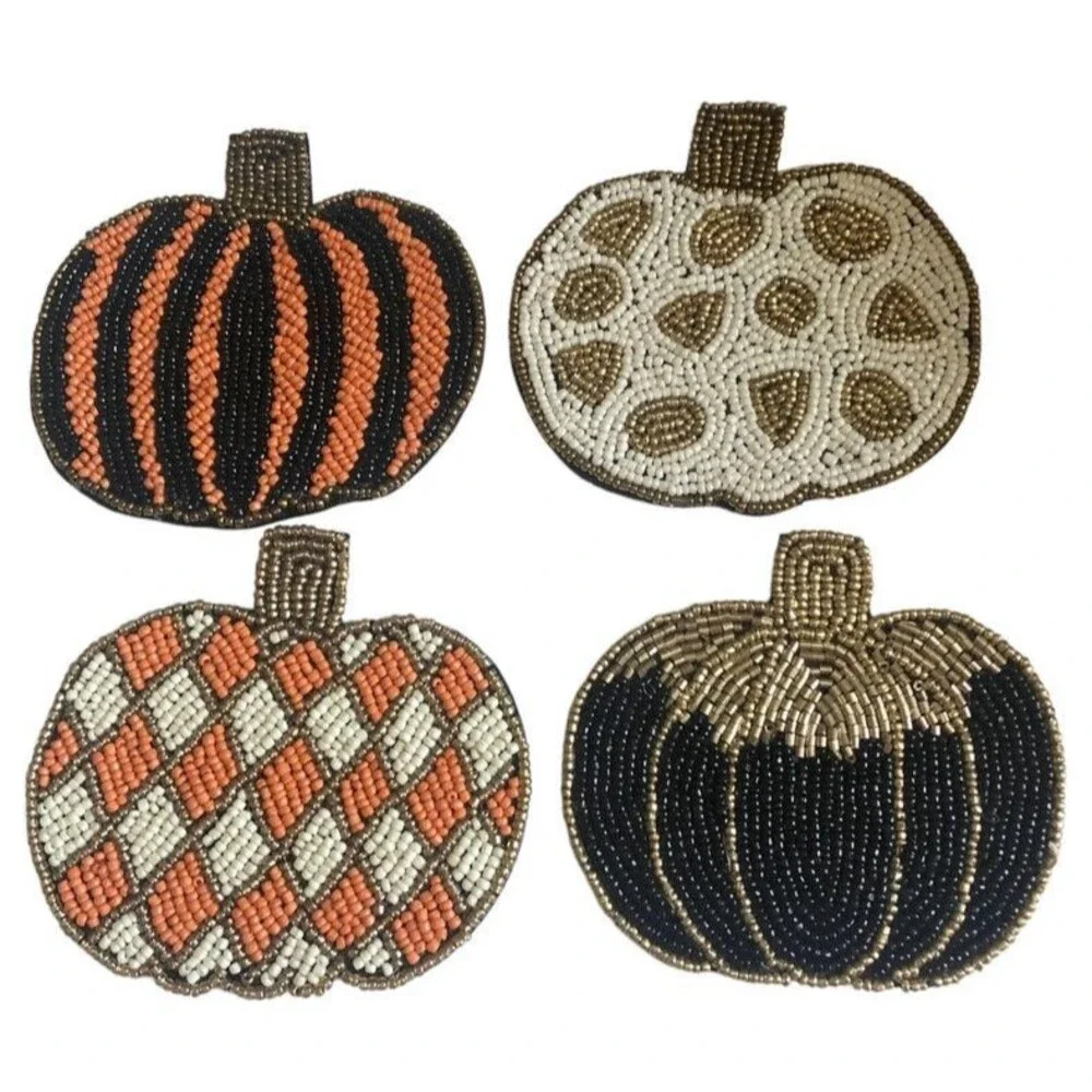 Thanksgiving Max Studio Glass Beaded Pumpkin Drink Coasters Halloween Set of 4